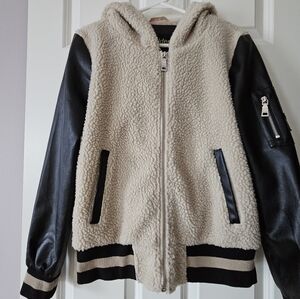 Madden NYC Tan Sherpa and Black Faux Leather Varsity Jacket Size Small